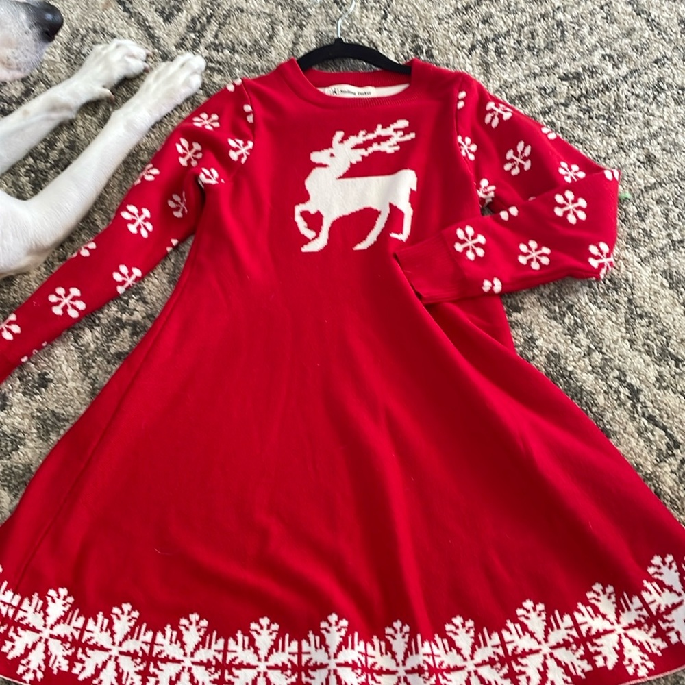 Red sweater holiday dress (size 7/8) runs large. Good used condition.
